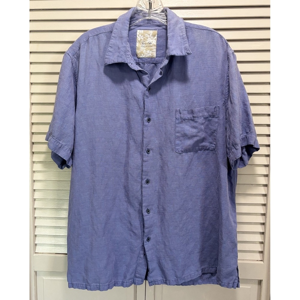 Tasso Elba Island Blue Short Sleeve Button Up Shirt Size XL‎ Pocket Linen/Silk